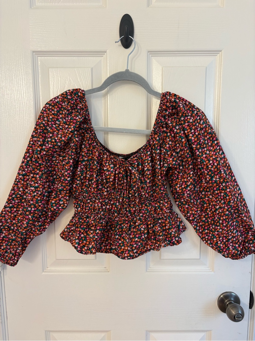 Zara Black Floral Smocked Peasant Top